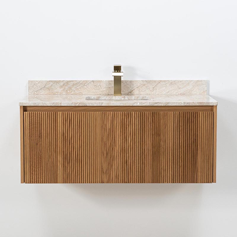 Modern badrumskommod 100cm i ekträ med tvättställ i beige marmor