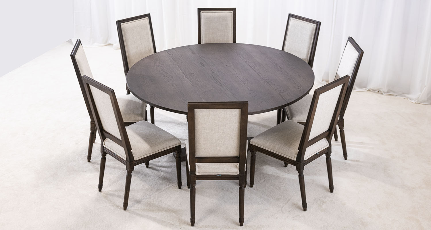 rustikt runt matbord 8 stolar 160cm i mörkbrun rökt ek - Ekerö