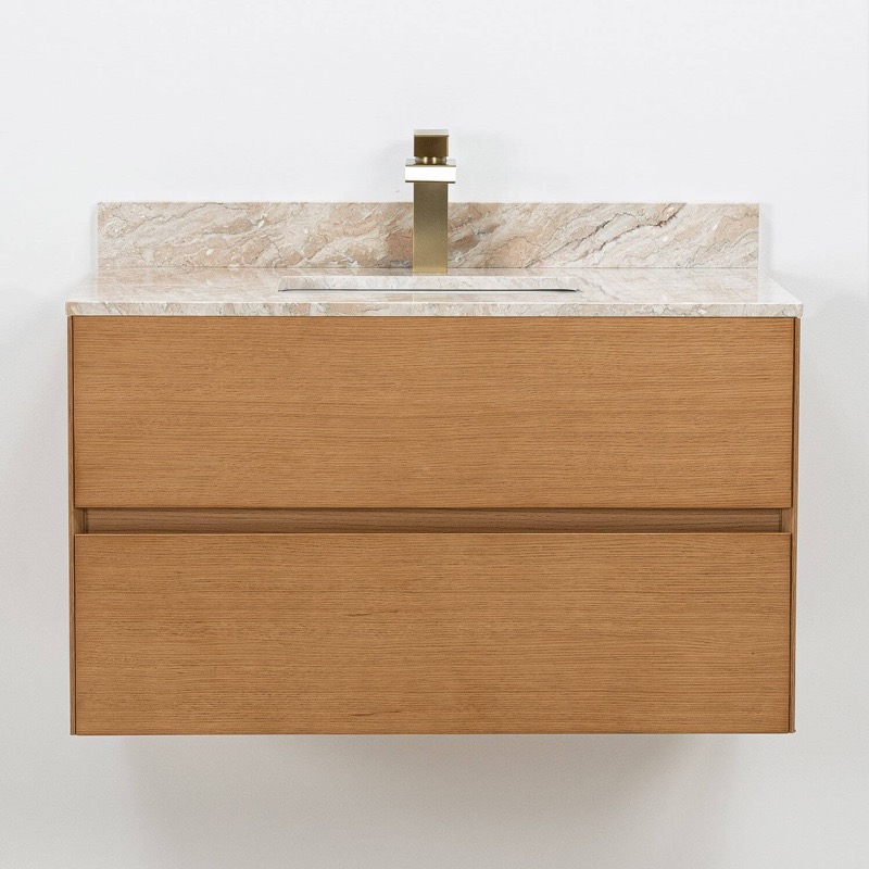 Modern kommod i ek med beige marmor Modern kommod i ek med beige marmor