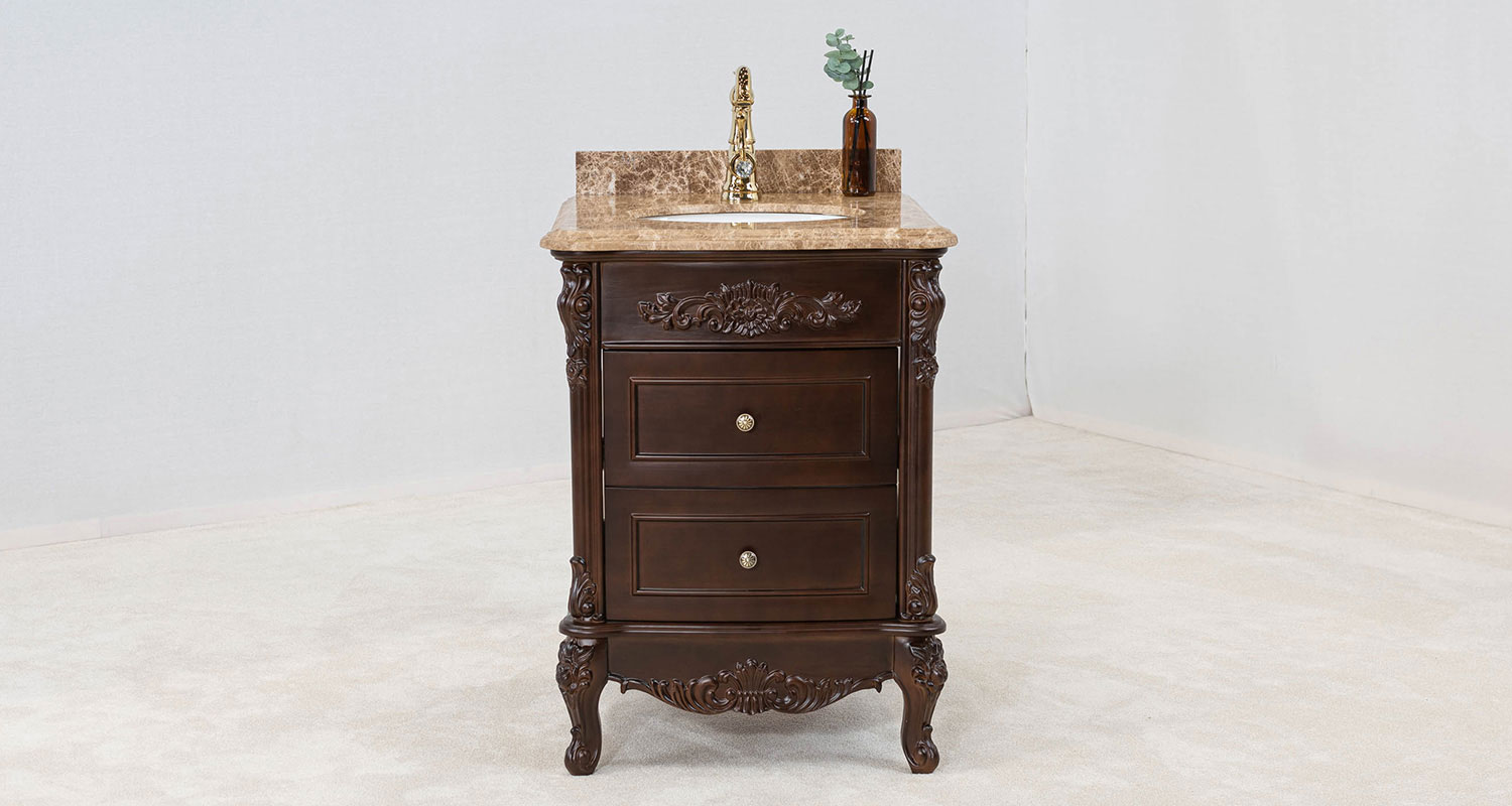 klassisk mörkbrun badrumsmöbel 60cm med beige äkta marmor - Ottawa
