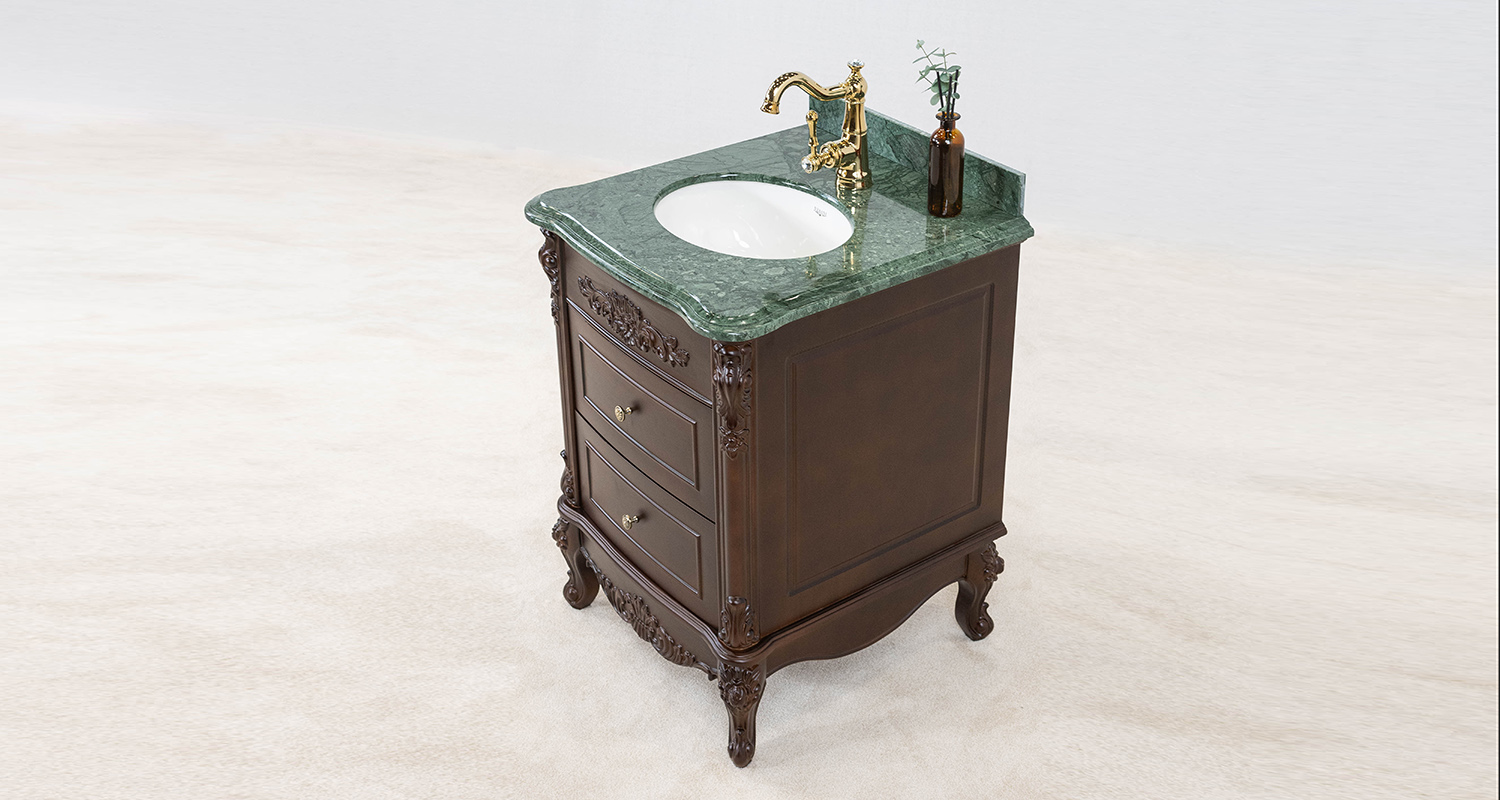 klassisk mörkbrun tvättställ 60cm med förvaring & grön äkta marmor - Ottawa