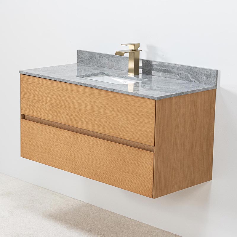 Modern kommod i ek med grå marmor tvättställ Kommod 100cm i ek med bänkskiva i grå marmor