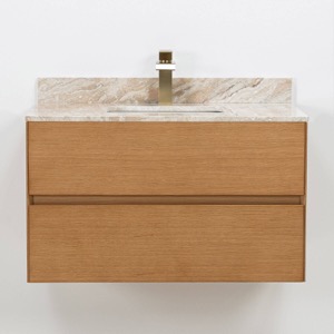 Modern kommod i ek med beige marmor Modern kommod i ek med beige marmor