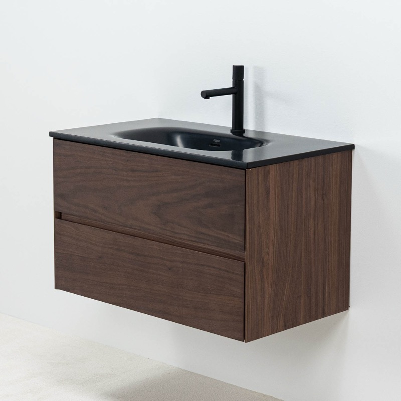 Modern badrumskommod valn&ouml;t med svart helgjutet tv&auml;ttst&auml;ll