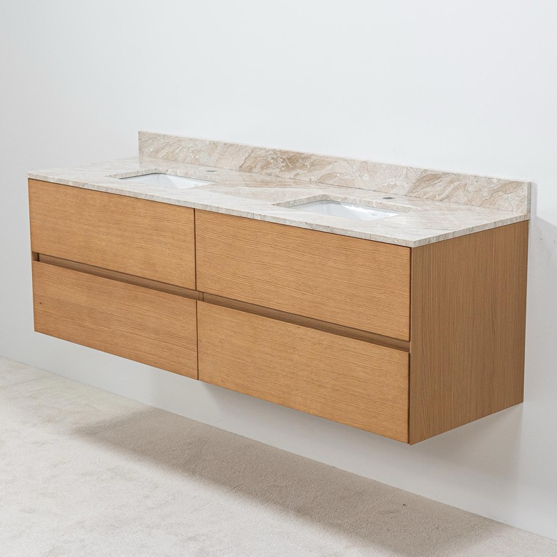 Dubbelkommod 150cm i ek med beige marmor tv&auml;ttst&auml;ll
