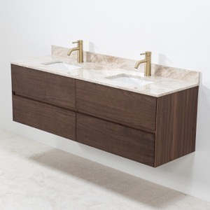 Modern v&auml;ggh&auml;ngd kommod i valn&ouml;t med beige marmor tv&auml;ttst&auml;ll