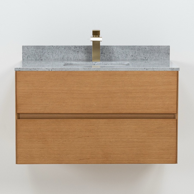 Modern kommod i ek med gr&aring; marmor 80cm