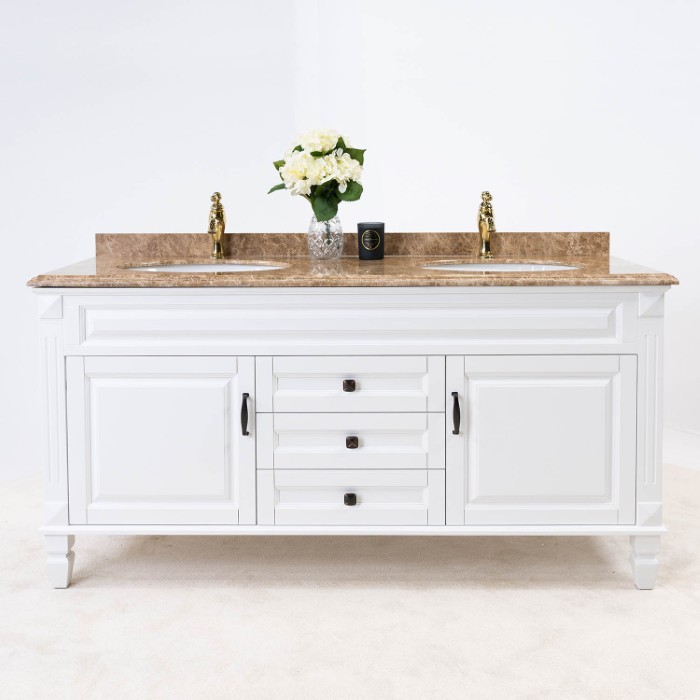 Vit Badrumskommod Dubbel 160 cm Beige Marmor - Nashville Badrumsmöbel 160cm