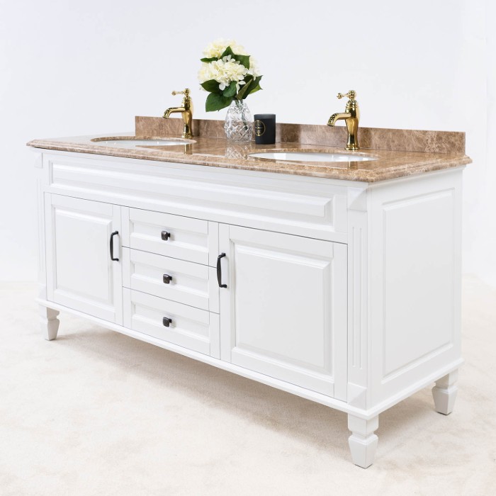 Vit Badrumskommod Dubbel 160 cm Beige Marmor - Nashville Badrumsmöbel 160cm