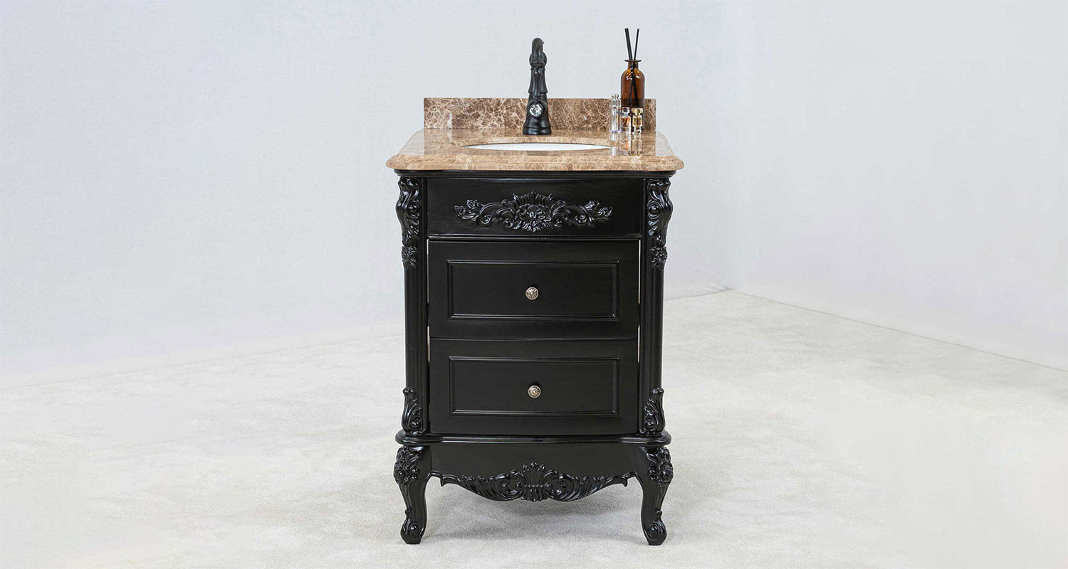 klassisk svart badrumsmöbel 60cm med beige äkta marmor - Ottawa
