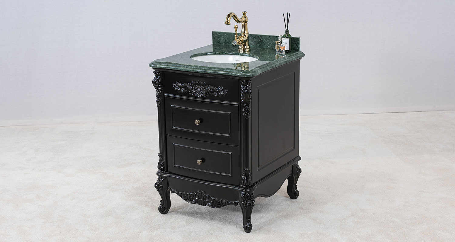 klassisk svart tvättställ 60cm med förvaring & grön äkta marmor - Ottawa