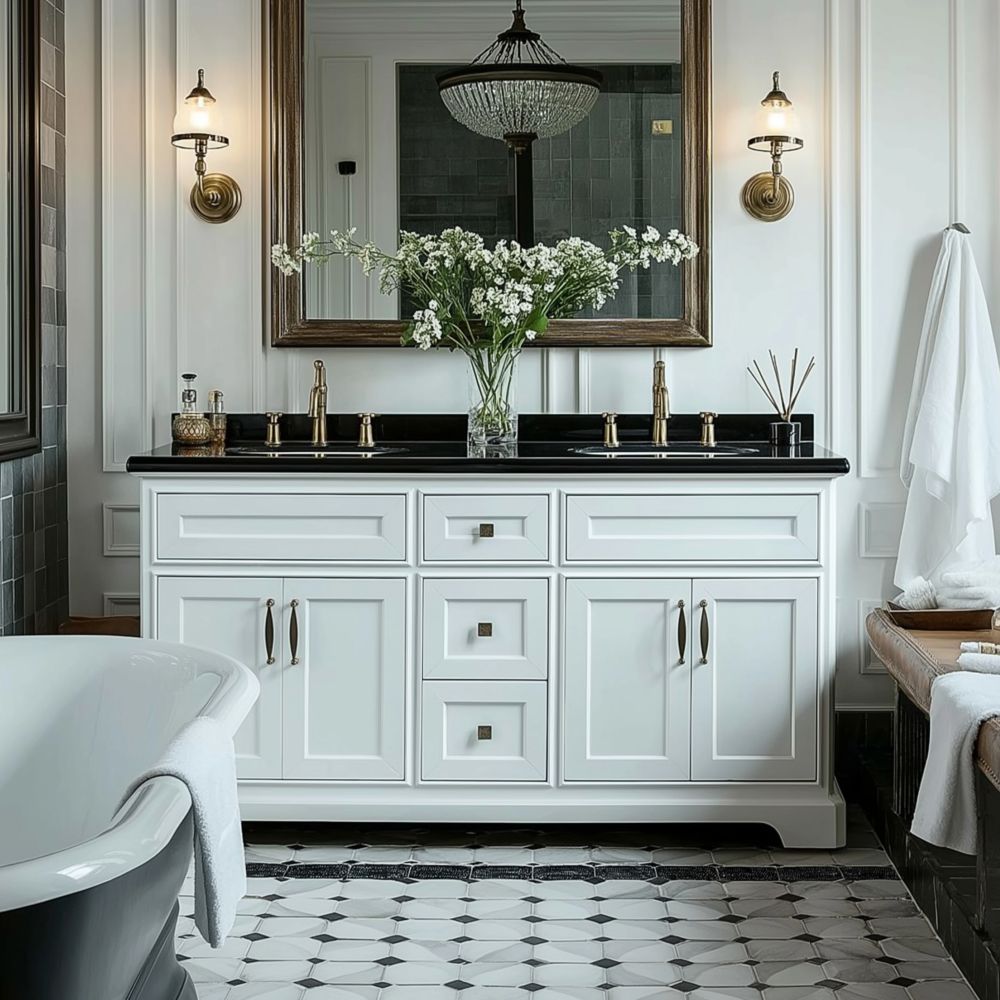 Badrumsinspiration med lantligt badrum i klassisk stil med svart & vitt kakel & klinker Badrumsinspiration med lantligt badrum i klassisk stil med svart & vitt kakel & klinker