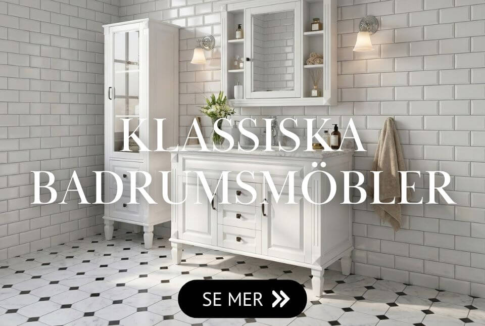 Vit badrumsmöbel Wyoming, perfekt för sekelskiftsinspirerande hem Klassiska badrumsmöbler i massiv trä och äkta marmor