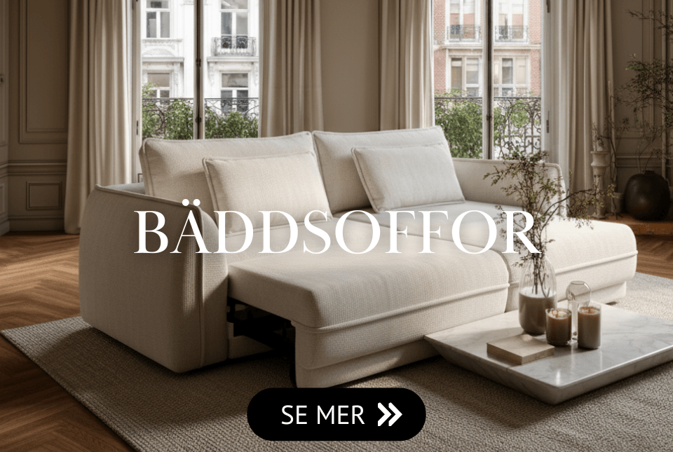 Bäddsoffa Stockholm i en modern design och beige klädsel Modern beige 3-sits soffa med bäddfunktion - Stockholm