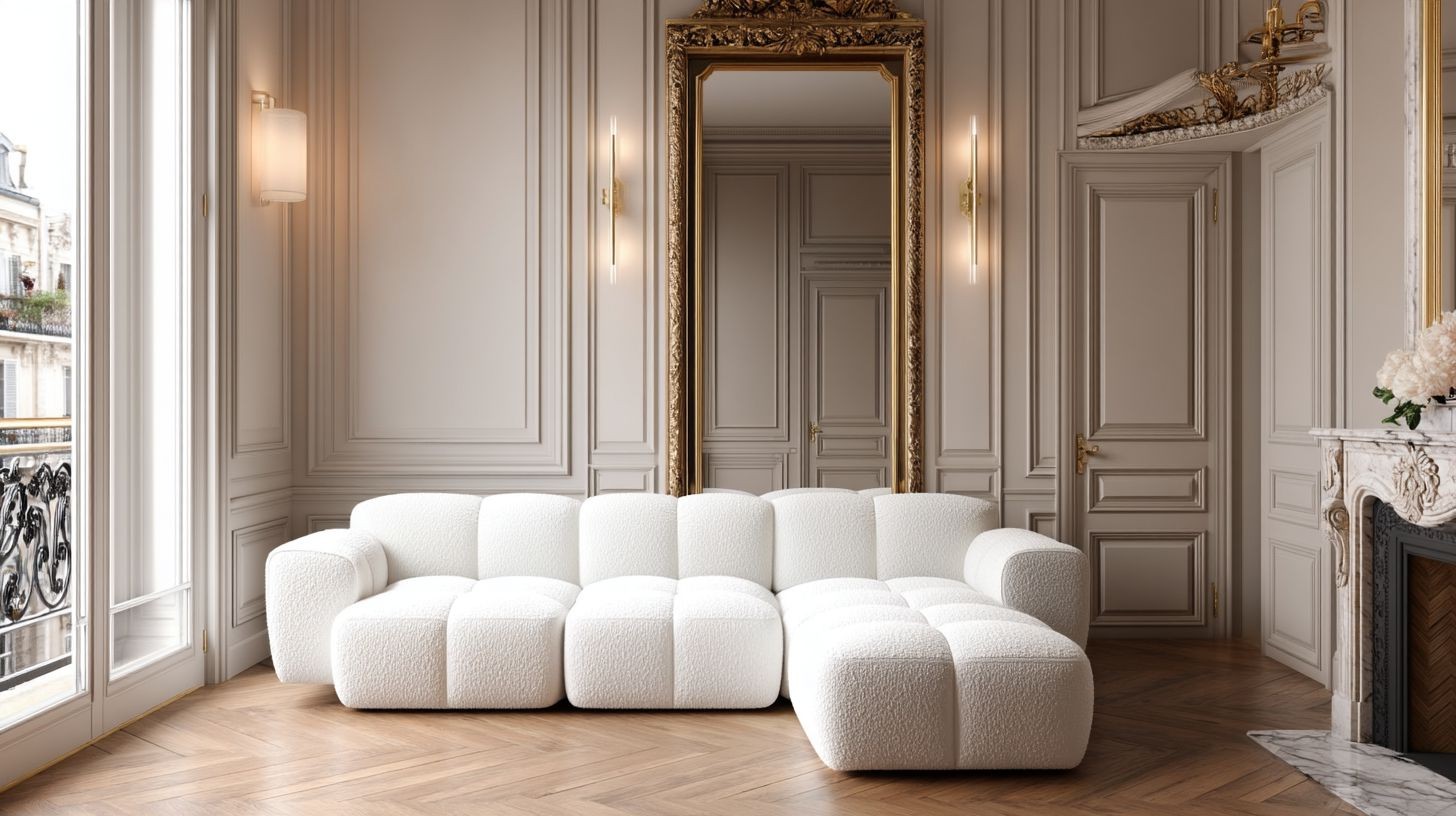 Vit boucle soffa med divan höger - Paris Vit boucle soffa med divan höger - Paris