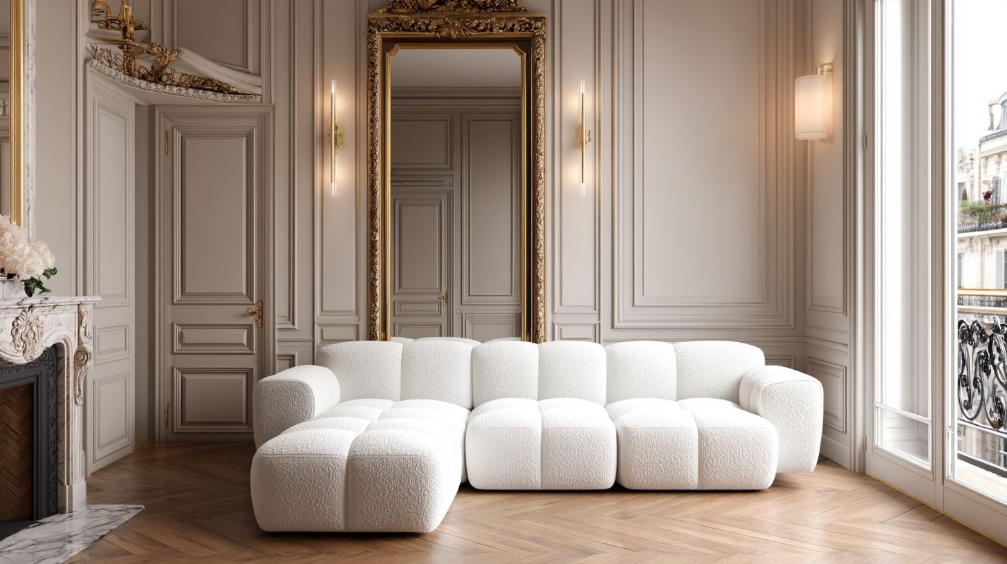 Vit boucle soffa med sch&auml;slong v&auml;nster - Paris