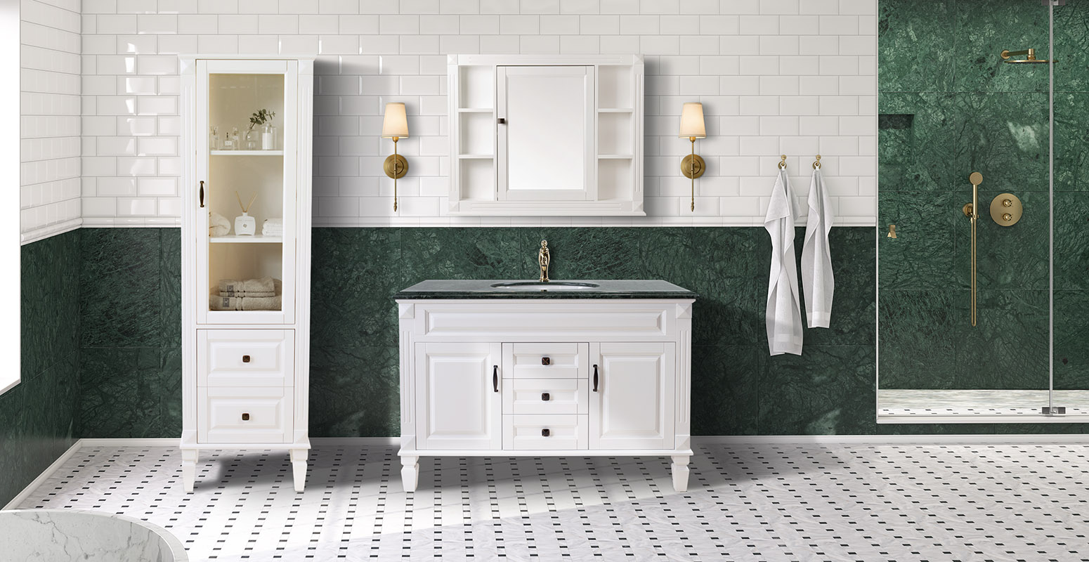 Nashville kommod vit med grön marmorskiva med matchande högskåp & spegelskåp